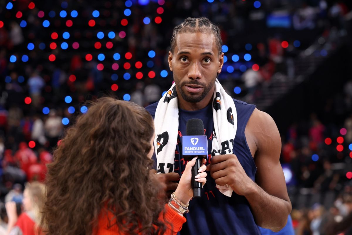 Jan 4, 2025; Inglewood, California, USA;  Los Angeles Clippers forward Kawhi Leonard (2) talks during a post game interview after defeating the Atlanta Hawks at Intuit Dome. Mandatory Credit: Kiyoshi Mio-Imagn Images