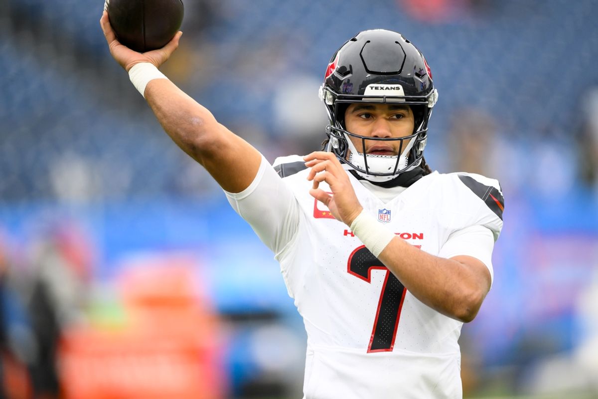 Jan 5, 2025; Nashville, Tennessee, USA;  Houston Texans quarterback C.J. Stroud (7) warms up before a game against the Tennessee Titans at Nissan Stadium. Mandatory Credit: Steve Roberts-Imagn Images