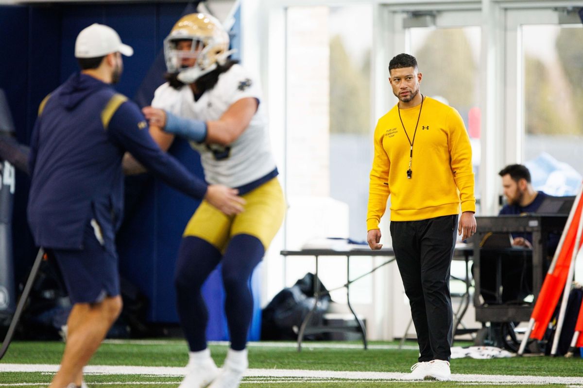 Notre Dame head coach Marcus Freeman looks on during a Notre Dame football practice at Irish Athletic Center on Sunday, Jan. 5, 2025, in South Bend.