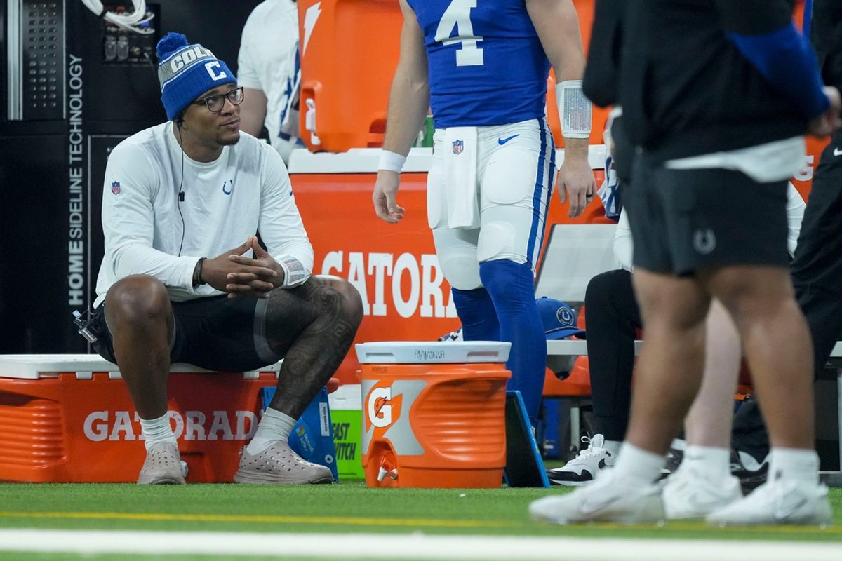 Indianapolis Colts quarterback Anthony Richardson (5) sits on the sideline Sunday, Jan. 5, 2025, during a game against the Jacksonville Jaguars at Lucas Oil Stadium in Indianapolis.