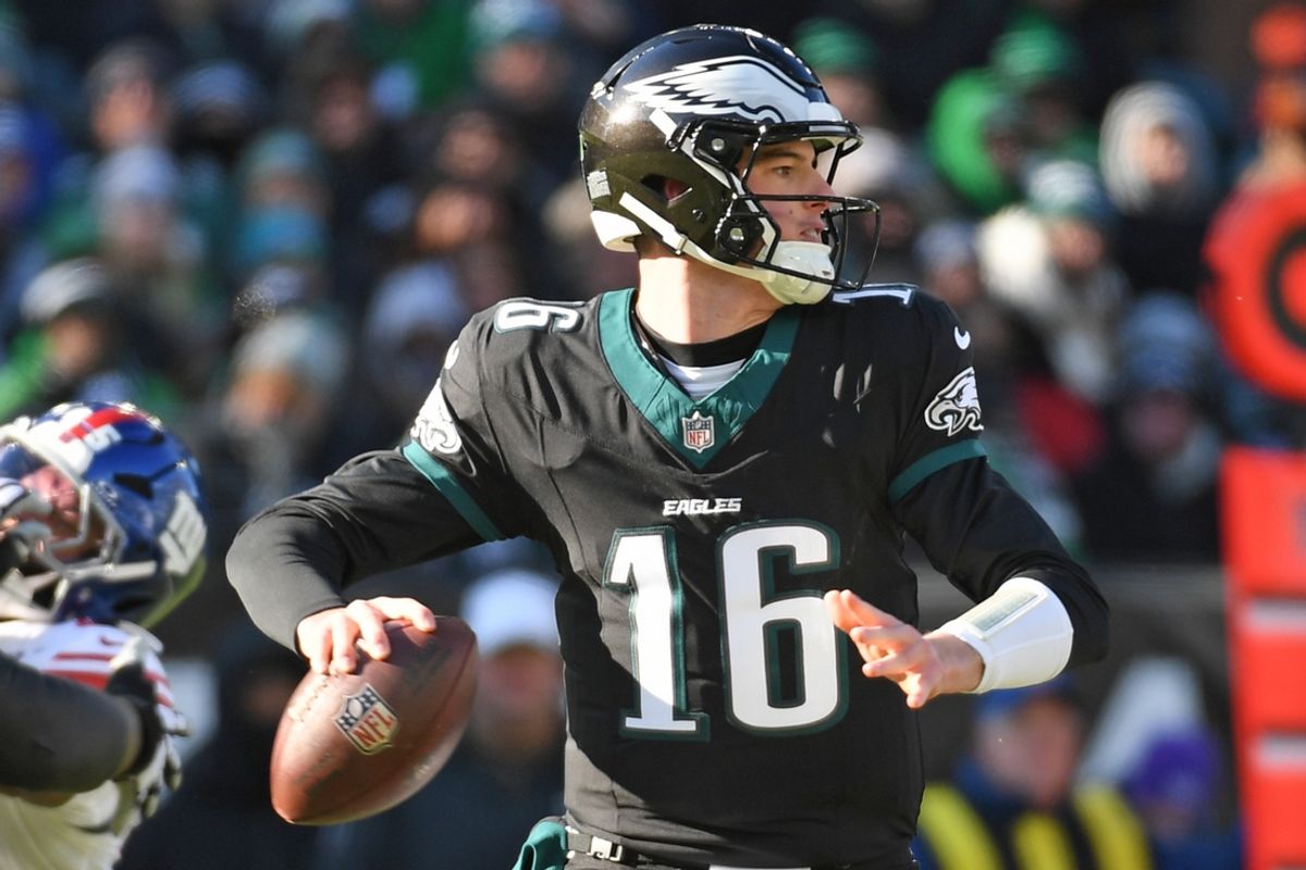 Jan 5, 2025; Philadelphia, Pennsylvania, USA; Philadelphia Eagles quarterback Tanner McKee (16) throws a pass during the first quarter against the New York Giants at Lincoln Financial Field. Mandatory Credit: Eric Hartline-Imagn Images