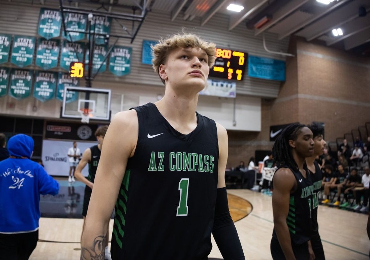 Jan 3, 2025; Gilbert, AZ, USA; Arizona Compass Prep forward Miikka Muurinen (1) against CIA Bella Vista (AZ) during the Hoophall West High School Invitational at Highland High School. Mandatory Credit: Mark J. Rebilas-Imagn Images