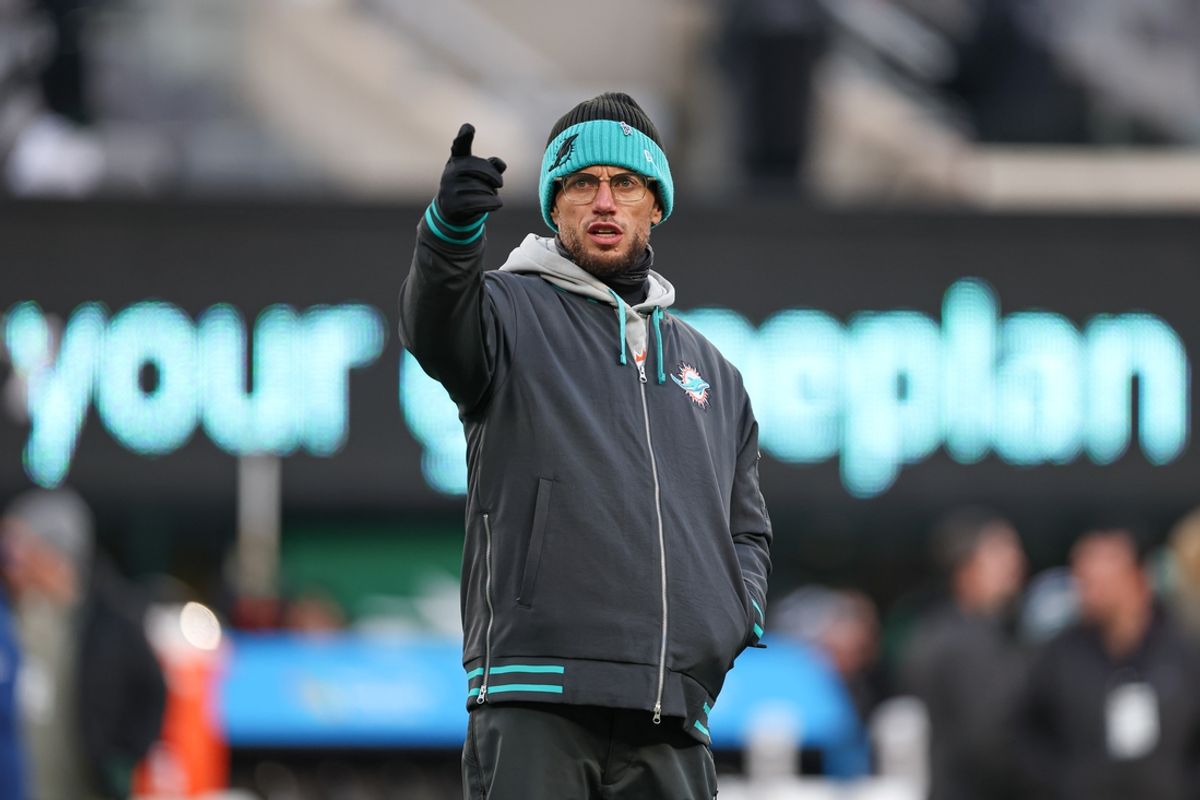 Jan 5, 2025; East Rutherford, New Jersey, USA; Miami Dolphins head coach Mike McDaniel on the field before the game against the New York Jets at MetLife Stadium. Mandatory Credit: Vincent Carchietta-Imagn Images