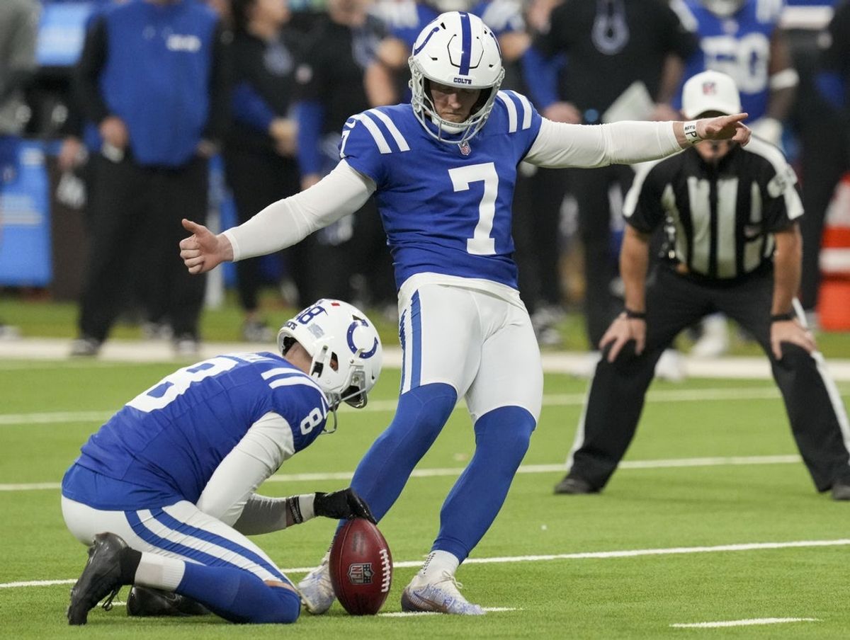 Jan 5, 2025; Indianapolis, Indiana, USA; Indianapolis Colts place kicker Matt Gay (7) kicks a field goal in overtime during a game against the Jacksonville Jaguars at Lucas Oil Stadium. Mandatory Credit: Christine Tannous/USA TODAY Network via Imagn Images