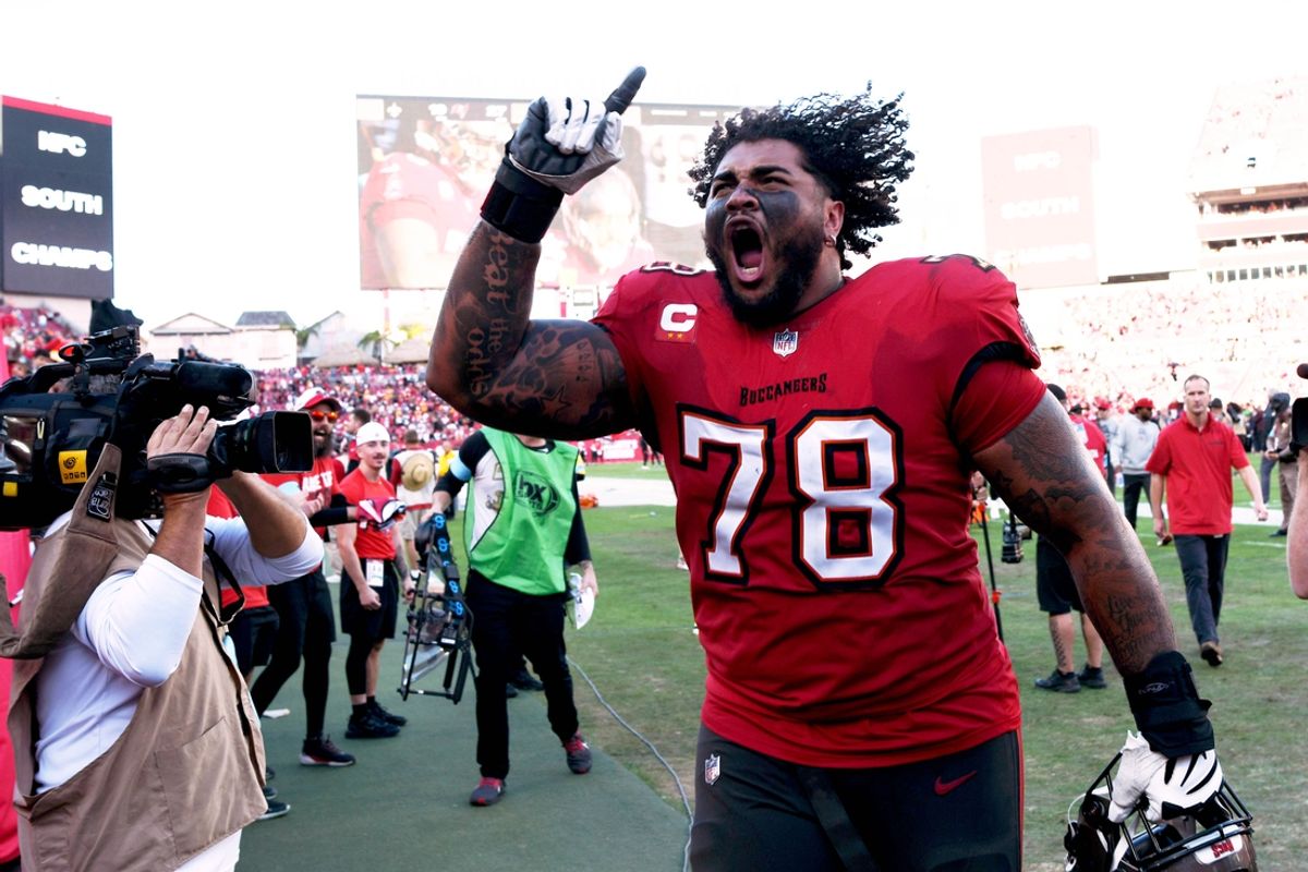 Jan 5, 2025; Tampa, Florida, USA; Tampa Bay Buccaneers offesive lineman Tristan Wires (78) celebrates after defeating the  New Orleans Saints at Raymond James Stadium. Mandatory Credit: Jonathan Dyer-Imagn Images
