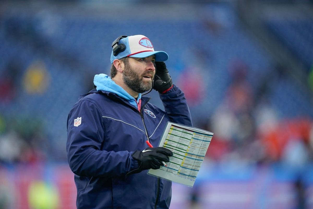 Tennessee Titans head coach Brian Callahan looks on during the fourth quarter as they play the Houston Texans at Nissan Stadium in Nashville, Tenn., Sunday, Jan. 5, 2025.