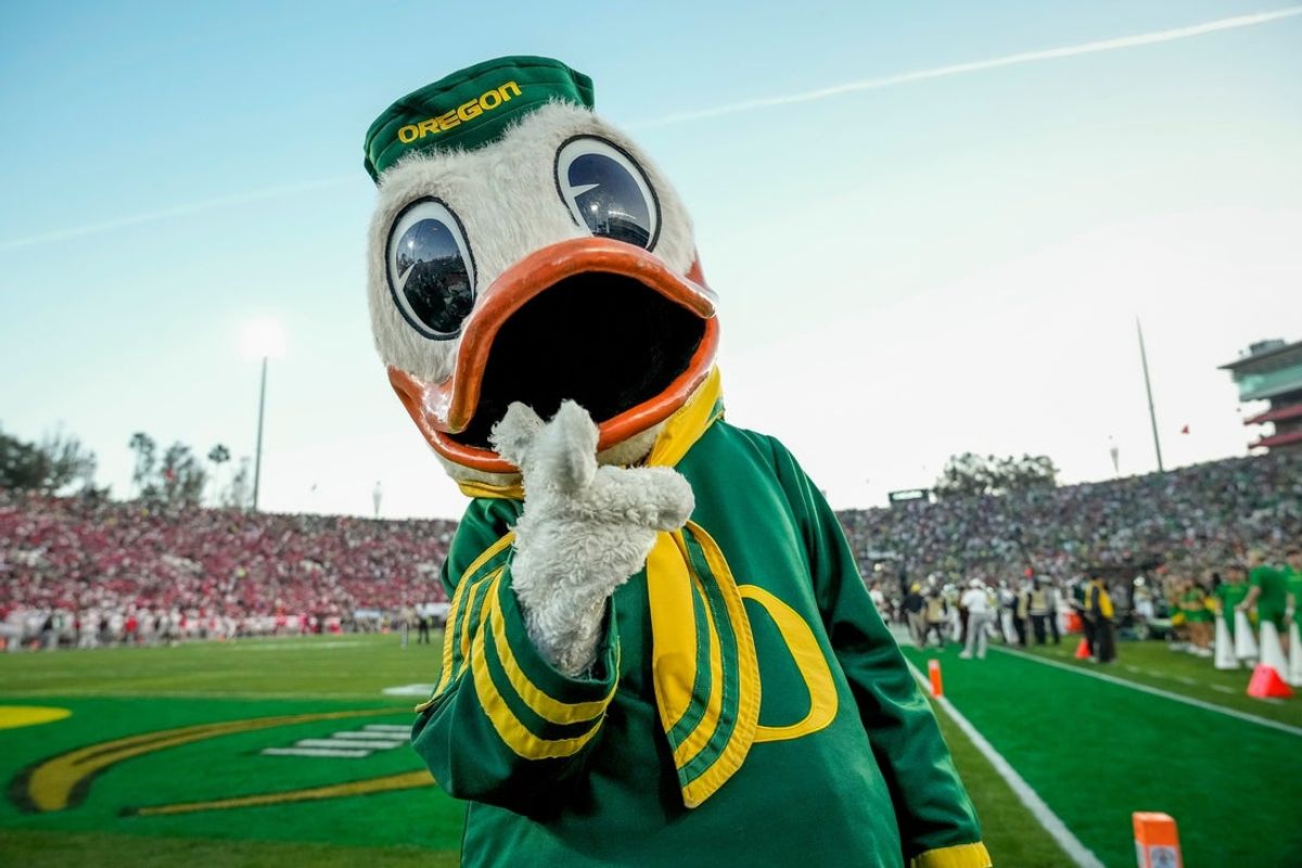 The Oregon Ducks mascot walks the sideline during the College Football Playoff quarterfinal against the Ohio State Buckeyes at the Rose Bowl in Pasadena, Calif. on Jan. 1, 2025. Ohio State won 41-21.