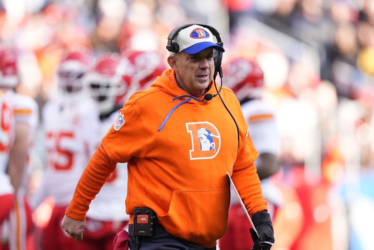 Jan 5, 2025; Denver, Colorado, USA; Denver Broncos head coach Sean Payton during the first quarter against the Kansas City Chiefs at Empower Field at Mile High. Mandatory Credit: Ron Chenoy-Imagn Images