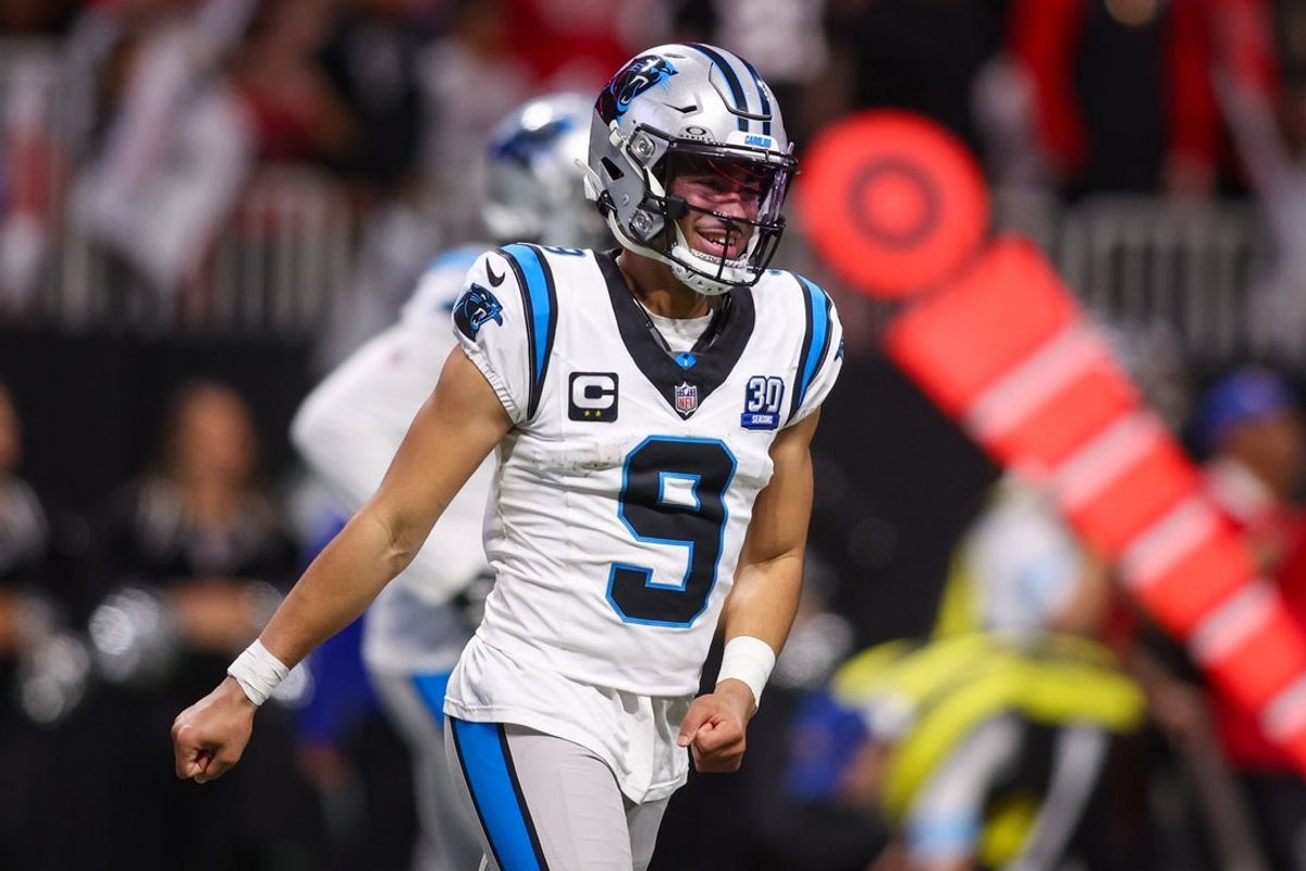Jan 5, 2025; Atlanta, Georgia, USA; Carolina Panthers quarterback Bryce Young (9) celebrates after a touchdown against the Atlanta Falcons in the fourth quarter at Mercedes-Benz Stadium. Mandatory Credit: Brett Davis-Imagn Images