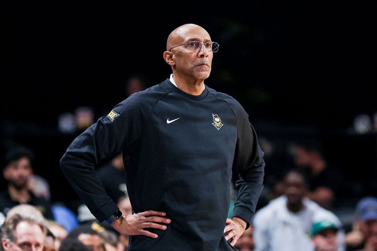 Jan 5, 2025; Orlando, Florida, USA; UCF Knights head coach Johnny Dawkins looks on during the first half against the Kansas Jayhawks at Addition Financial Arena. Mandatory Credit: Mike Watters-Imagn Images