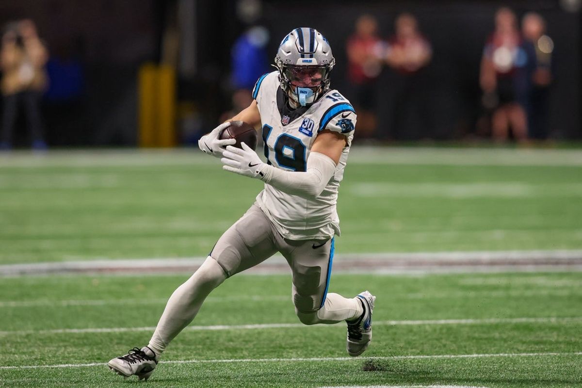 Jan 5, 2025; Atlanta, Georgia, USA; Carolina Panthers wide receiver Adam Thielen (19) runs after a catch against the Atlanta Falcons in overtime at Mercedes-Benz Stadium. Mandatory Credit: Brett Davis-Imagn Images