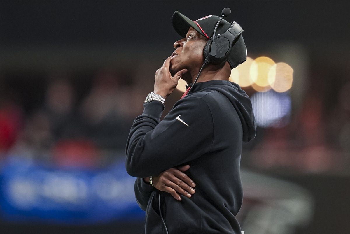 Jan 5, 2025; Atlanta, Georgia, USA; Atlanta Falcons head coach Raheem Morris reacts on the sidelines against the Carolina Panthers during the second half at Mercedes-Benz Stadium. Mandatory Credit: Dale Zanine-Imagn Images