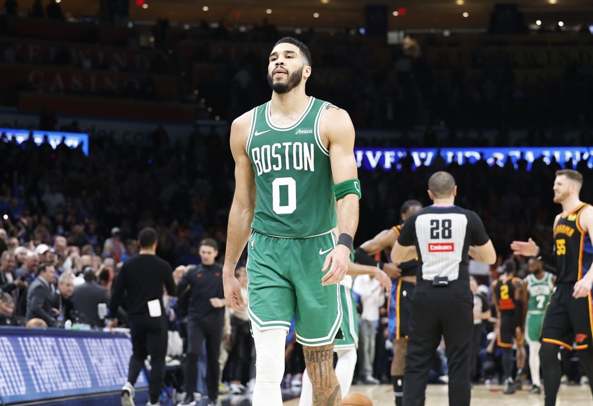 Jan 5, 2025; Oklahoma City, Oklahoma, USA; Boston Celtics forward Jayson Tatum (0) walks off the court after his team lost to the Oklahoma City Thunder at Paycom Center. Mandatory Credit: Alonzo Adams-Imagn Images