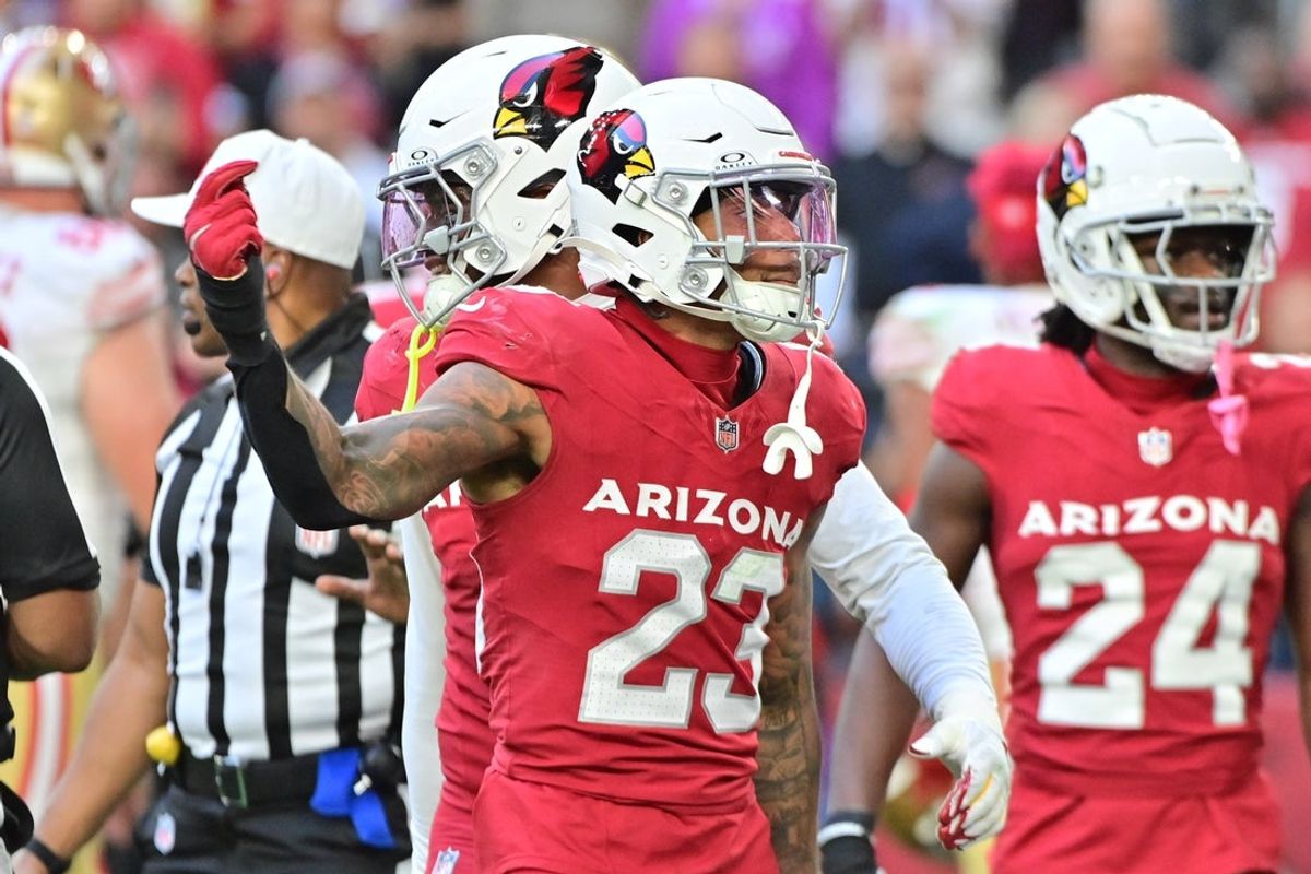 Jan 5, 2025; Glendale, Arizona, USA; Arizona Cardinals cornerback Sean Murphy-Bunting (23) reacts in the first half against the San Francisco 49ers at State Farm Stadium. Mandatory Credit: Matt Kartozian-Imagn Images