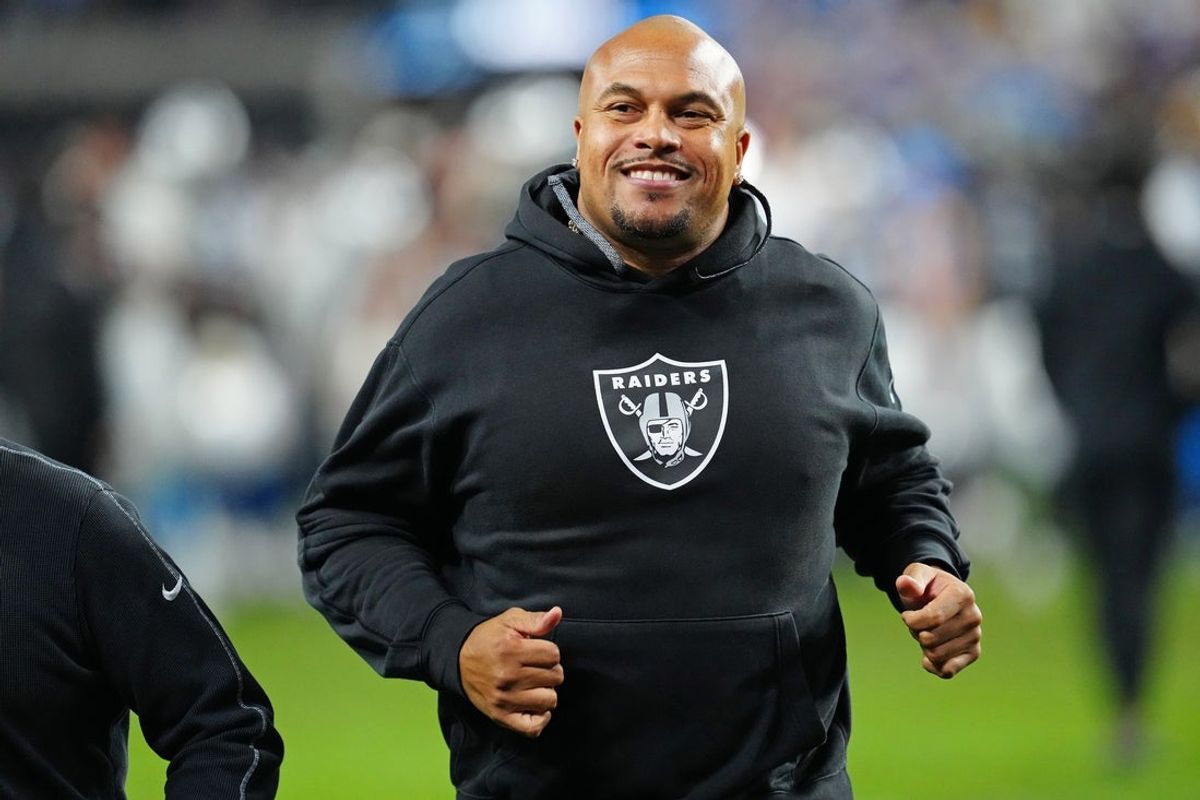 Jan 5, 2025; Paradise, Nevada, USA; Las Vegas Raiders head coach Antonio Pierce jogs off the field after the Raiders were defeated by the Los Angeles Chargers 34-20 at Allegiant Stadium. Mandatory Credit: Stephen R. Sylvanie-Imagn Images