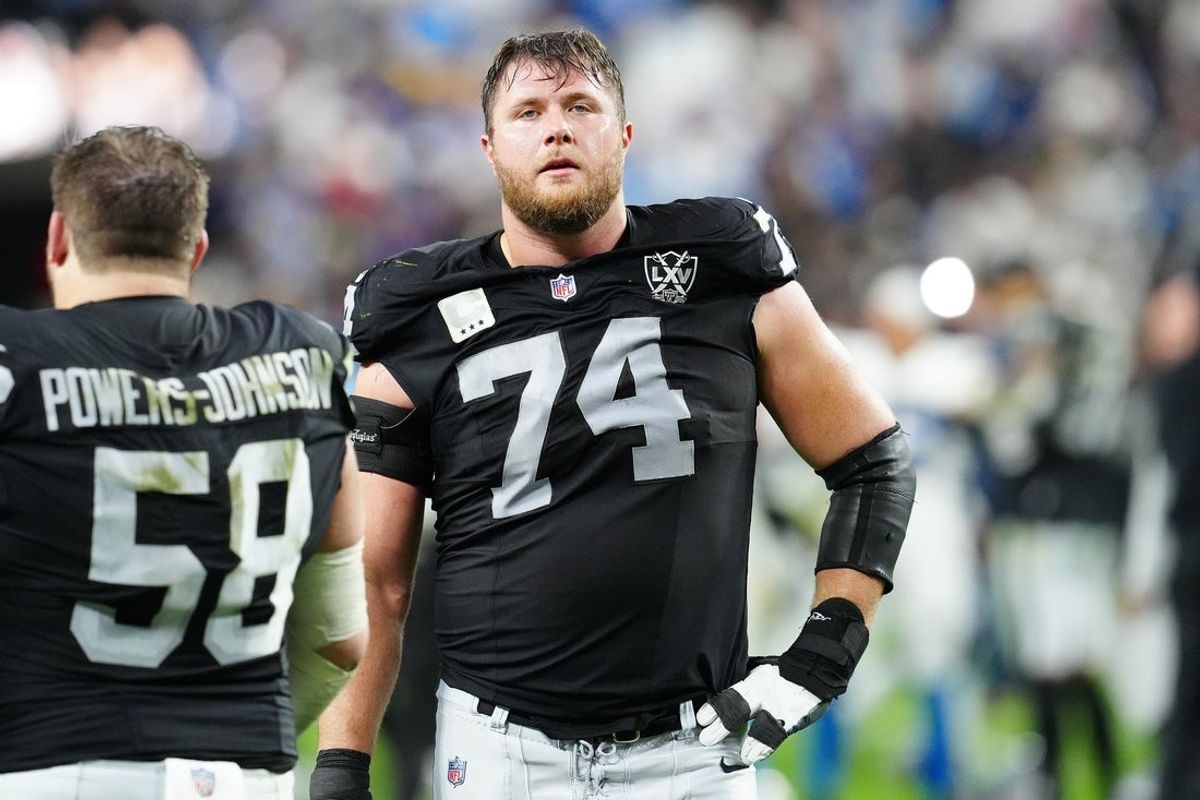 Jan 5, 2025; Paradise, Nevada, USA; Las Vegas Raiders offensive tackle Kolton Miller (74) reacts after the Raiders were defeated by the Los Angeles Chargers 34-20 at Allegiant Stadium. Mandatory Credit: Stephen R. Sylvanie-Imagn Images