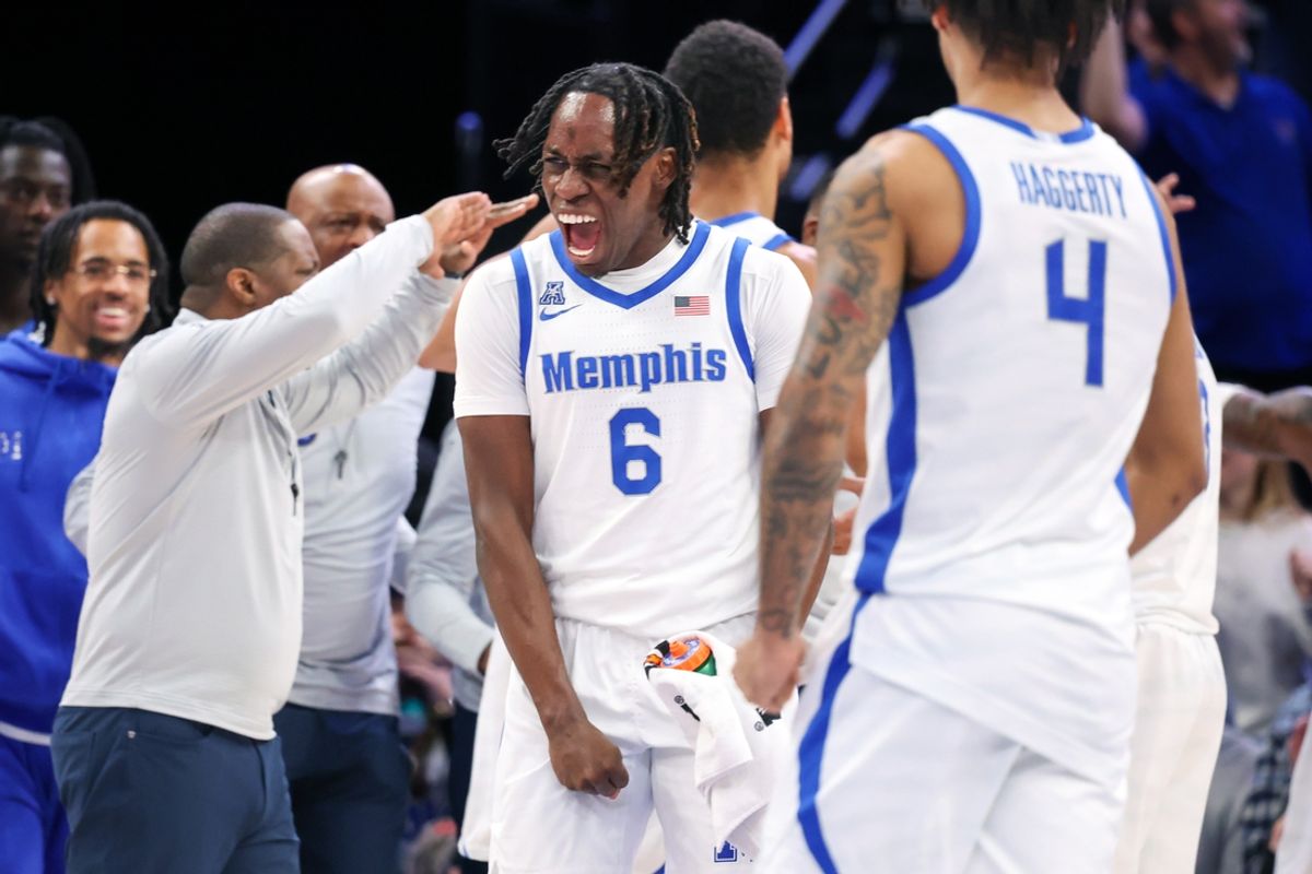 Jan 5, 2025; Memphis, Tennessee, USA; Memphis Tigers guard Baraka Okojie (6) reacts after a three point basket against the North Texas Mean Green during the second half at FedExForum. Mandatory Credit: Wesley Hale-Imagn Images