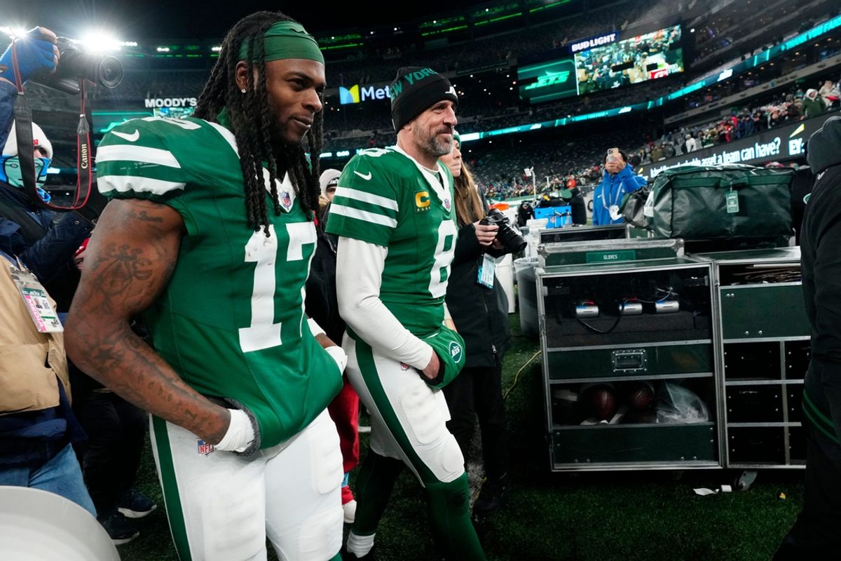New York Jets wide receiver Davante Adams (17) and New York Jets quarterback Aaron Rodgers (8) are shown as they get ready to step off the field at MetLife Stadium, Sunday January 5, 2025, in East Rutherford.