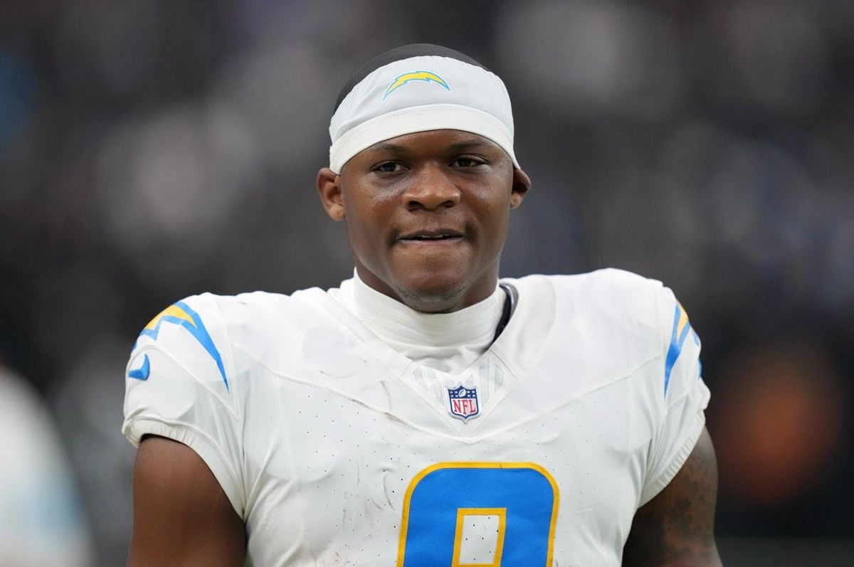 Jan 5, 2025; Paradise, Nevada, USA; Los Angeles Chargers wide receiver DJ Chark Jr. (9) during the game against the Las Vegas Raiders at Allegiant Stadium. Mandatory Credit: Kirby Lee-Imagn Images