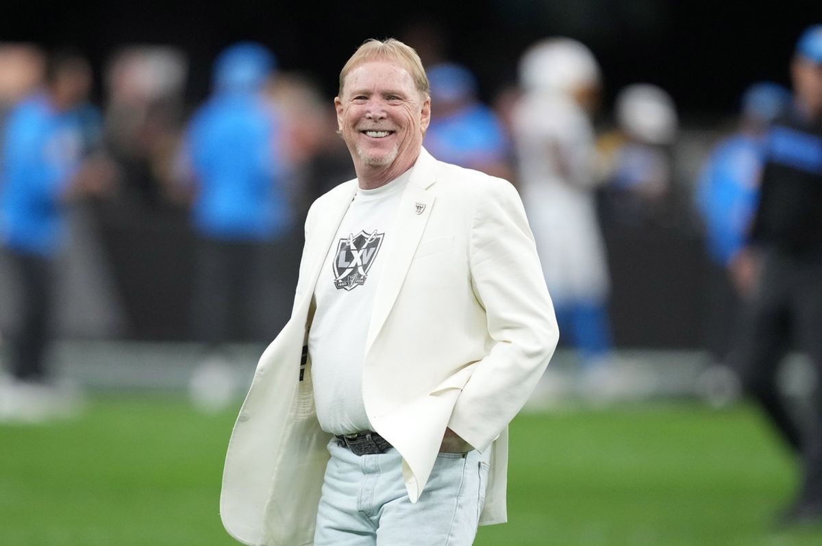 Jan 5, 2025; Paradise, Nevada, USA; Las Vegas Raiders owner Mark Davis reacts during the game against the Los Angeles Chargers at Allegiant Stadium. Mandatory Credit: Kirby Lee-Imagn Images