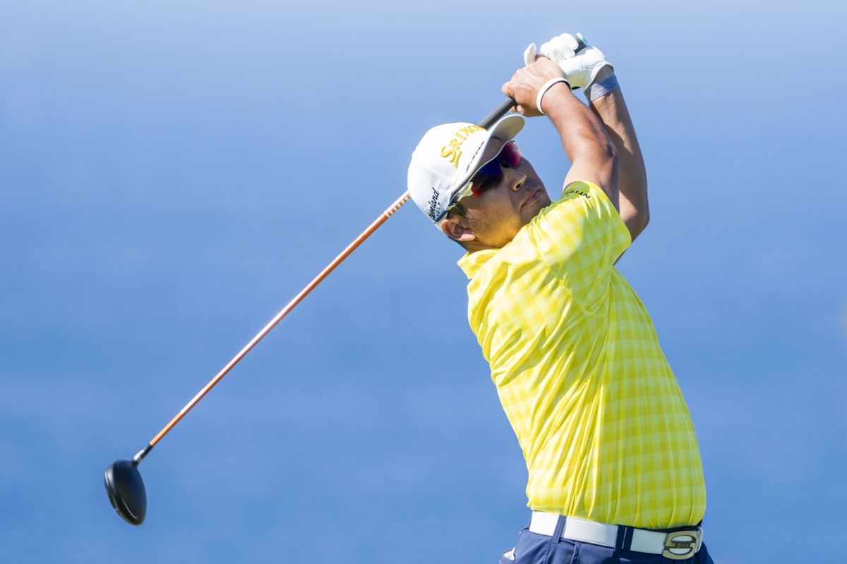 January 5, 2025; Maui, Hawaii, USA; Hideki Matsuyama hits his tee shot on the 13th hole during the final round of The Sentry golf tournament at Plantation Course at Kapalua. Mandatory Credit: Kyle Terada-Imagn Images