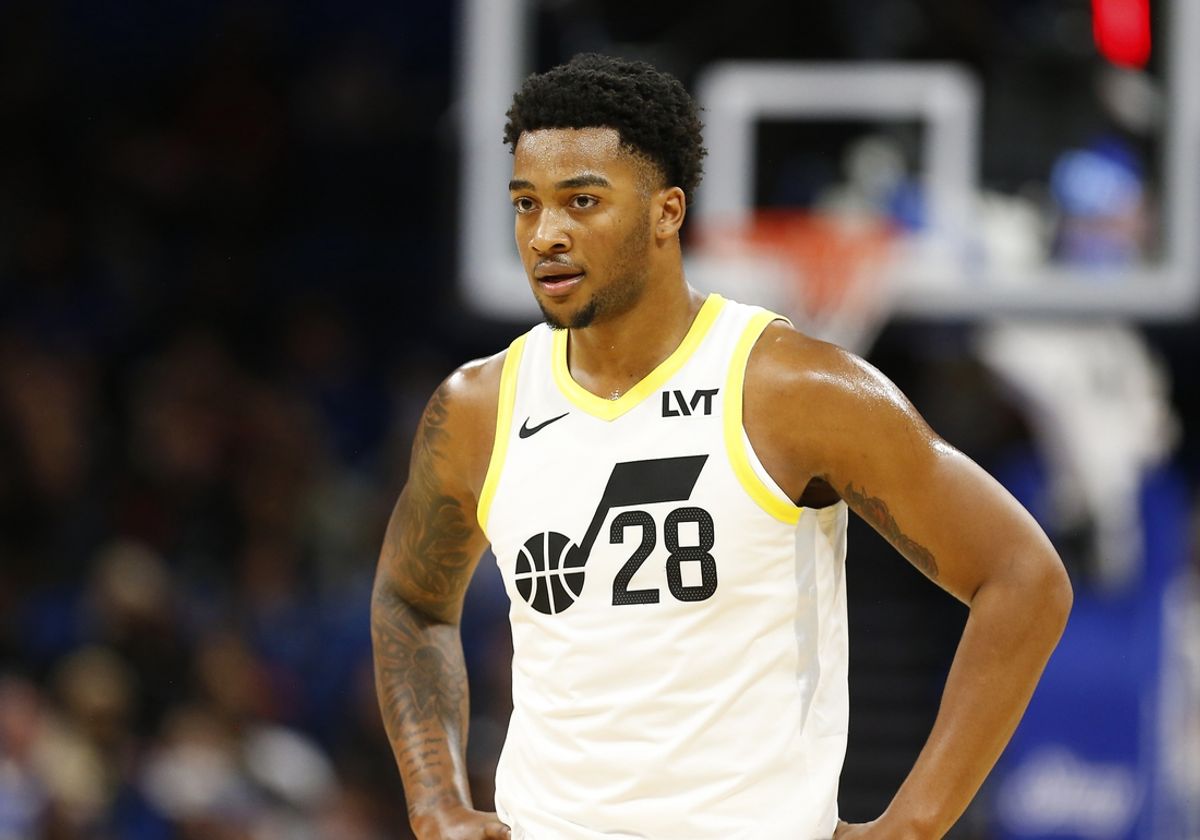Jan 5, 2025; Orlando, Florida, USA;  Utah Jazz guard Brice Sensabaugh (28) waits for a free throw against the Orlando Magic at Kia Center. Mandatory Credit: Russell Lansford-Imagn Images