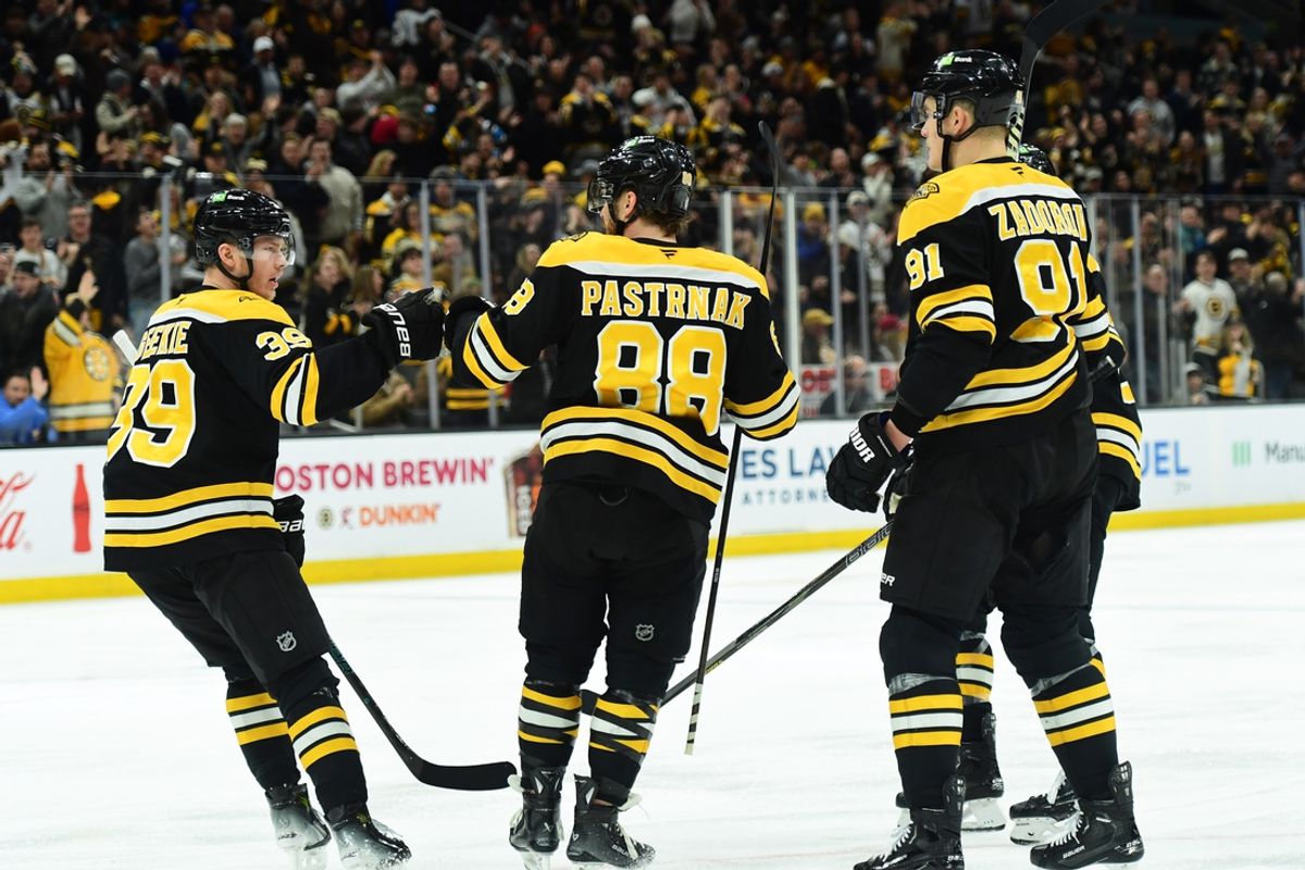 Jan 5, 2025; Boston, Massachusetts, USA; Boston Bruins center Morgan Geekie (39) congratulates right wing David Pastrnak (88) after scoring a goal during the third period against the New York Islanders at TD Garden. Mandatory Credit: Bob DeChiara-Imagn Images