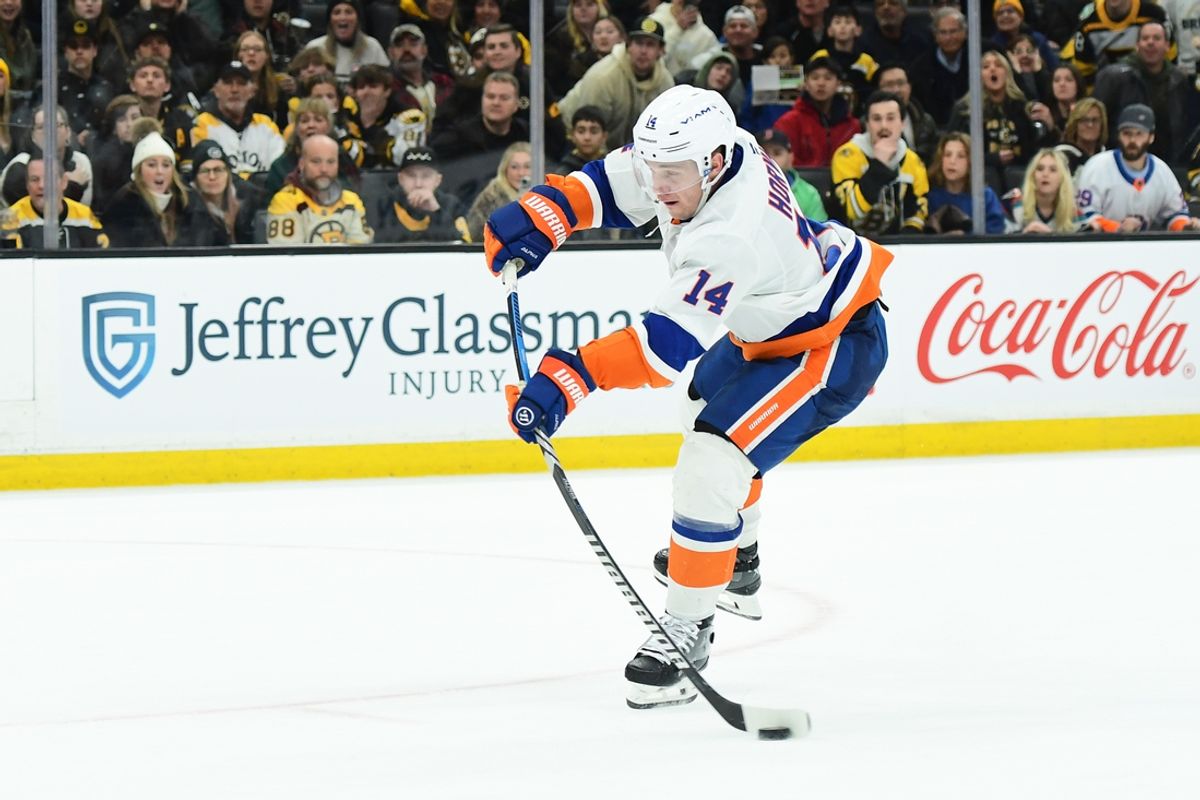 Jan 5, 2025; Boston, Massachusetts, USA; New York Islanders center Bo Horvat (14) shoots the puck during overtime against the Boston Bruins at TD Garden. Mandatory Credit: Bob DeChiara-Imagn Images