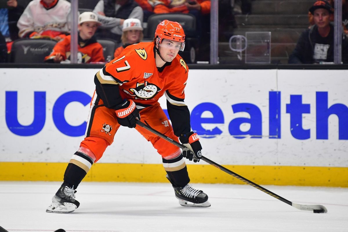 Jan 5, 2025; Anaheim, California, USA; Anaheim Ducks Anaheim Ducks right wing Frank Vatrano (77) moves in for a shot on goal against the Tampa Bay Lightning during the second period at Honda Center. Mandatory Credit: Gary A. Vasquez-Imagn Images