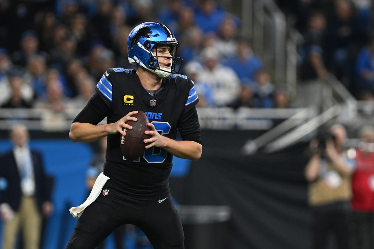Jan 5, 2025; Detroit, Michigan, USA; Detroit Lions quarterback Jared Goff (16) looks to throw the ball against the Minnesota Vikings in the second quarter at Ford Field. Mandatory Credit: Lon Horwedel-Imagn Images