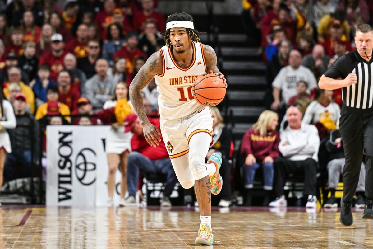 Jan 4, 2025; Ames, Iowa, USA; Iowa State Cyclones guard Keshon Gilbert (10) in action against the Baylor Bears at James H. Hilton Coliseum. Mandatory Credit: Jeffrey Becker-Imagn Images