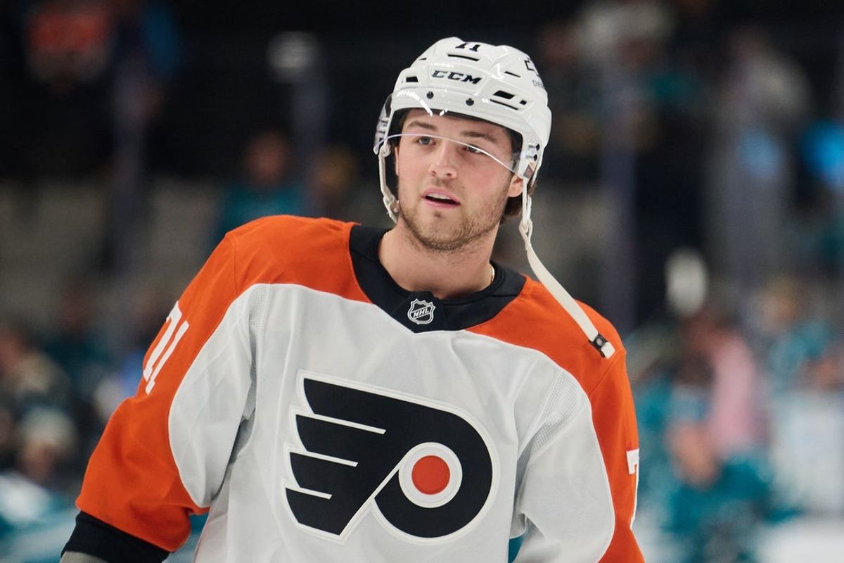 Dec 31, 2024; San Jose, California, USA; Philadelphia Flyers right wing Tyson Foerster (71) warms up before the game against the San Jose Sharks at SAP Center at San Jose. Mandatory Credit: Robert Edwards-Imagn Images
