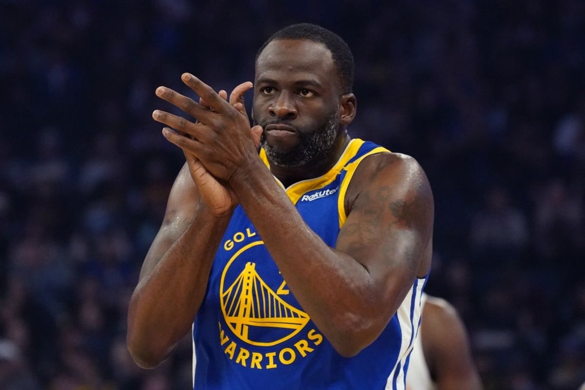 Jan 4, 2025; San Francisco, California, USA;  Golden State Warriors forward Draymond Green (23) celebrates a turnover by the Memphis Grizzlies in the first quarter at Chase Center. Mandatory Credit: David Gonzales-Imagn Images
