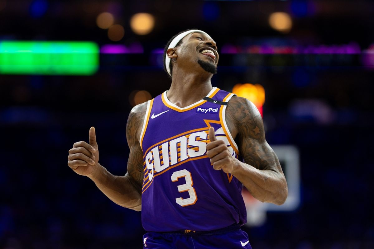 Jan 6, 2025; Philadelphia, Pennsylvania, USA; Phoenix Suns guard Bradley Beal (3) reacts after a play against the Philadelphia 76ers during the third quarter at Wells Fargo Center. Mandatory Credit: Bill Streicher-Imagn Images
