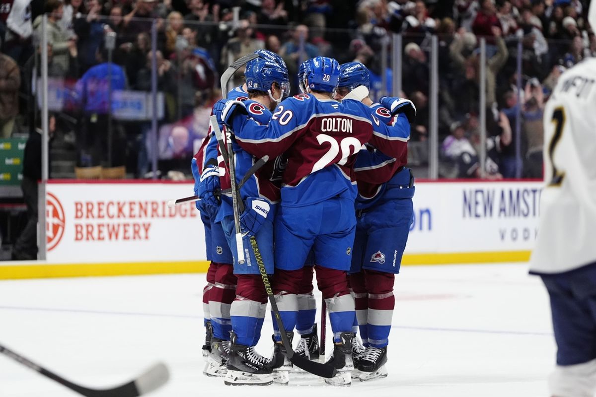 Jan 6, 2025; Denver, Colorado, USA; Colorado Avalanche defenseman Devon Toews (7), left wing Artturi Lehkonen (62) and center Ross Colton (20) celebrate a goal scored in the second period against the Florida Panthers at Ball Arena. Mandatory Credit: Ron Chenoy-Imagn Images