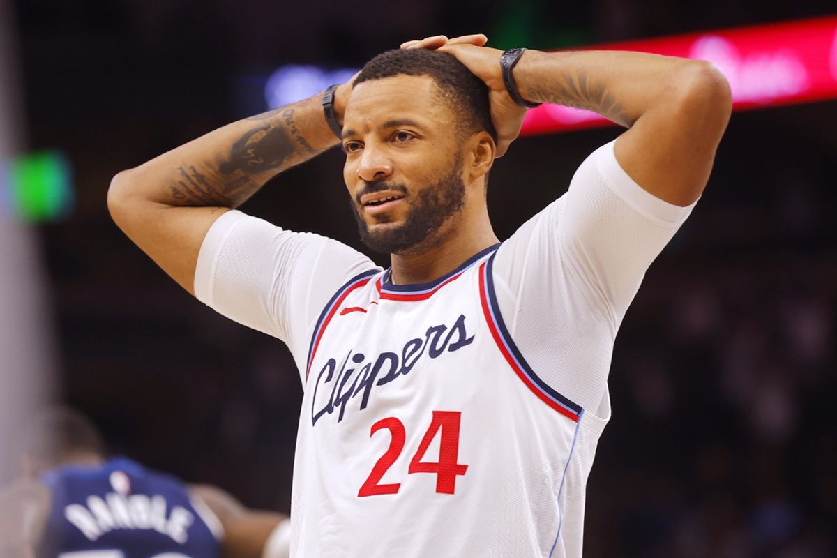 Jan 6, 2025; Minneapolis, Minnesota, USA; Los Angeles Clippers guard Norman Powell (24) reacts as time ends and his team loses to the Minnesota Timberwolves at Target Center. Mandatory Credit: Bruce Kluckhohn-Imagn Images