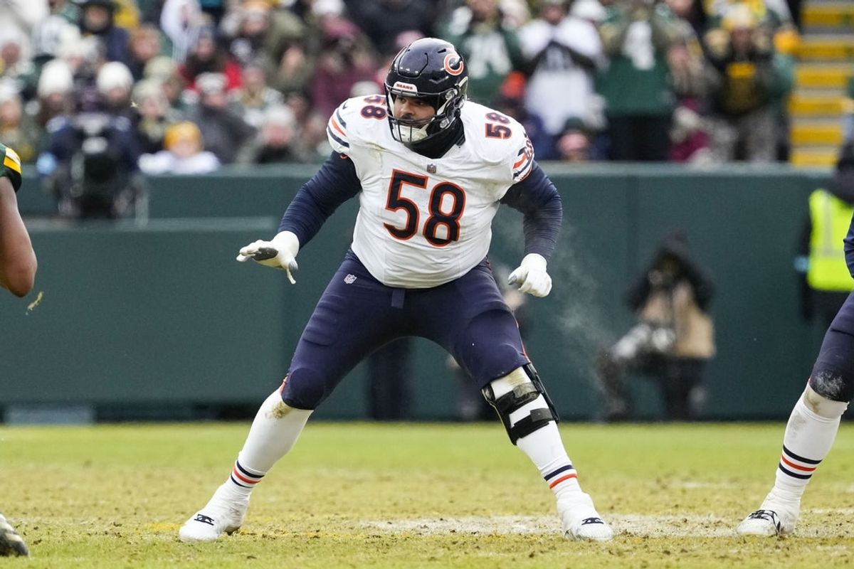 Jan 5, 2025; Green Bay, Wisconsin, USA;  Chicago Bears offensive tackle Darnell Wright (58) during the game against the Green Bay Packers at Lambeau Field. Mandatory Credit: Jeff Hanisch-Imagn Images