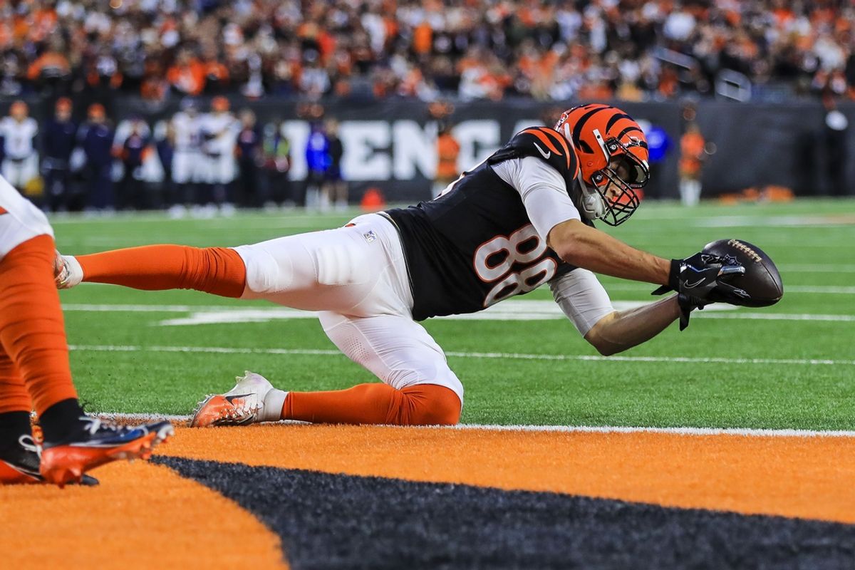 Dec 28, 2024; Cincinnati, Ohio, USA; Cincinnati Bengals tight end Mike Gesicki (88) attempts to catch a pass against the Denver Broncos in the first half at Paycor Stadium. Mandatory Credit: Katie Stratman-Imagn Images
