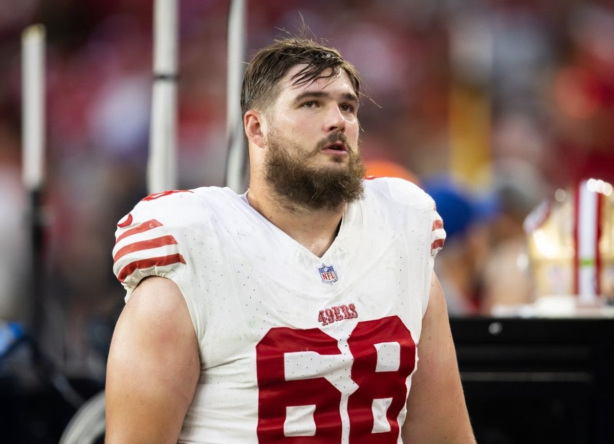 Jan 5, 2025; Glendale, Arizona, USA; San Francisco 49ers offensive tackle Colton McKivitz (68) against the Arizona Cardinals at State Farm Stadium. Mandatory Credit: Mark J. Rebilas-Imagn Images