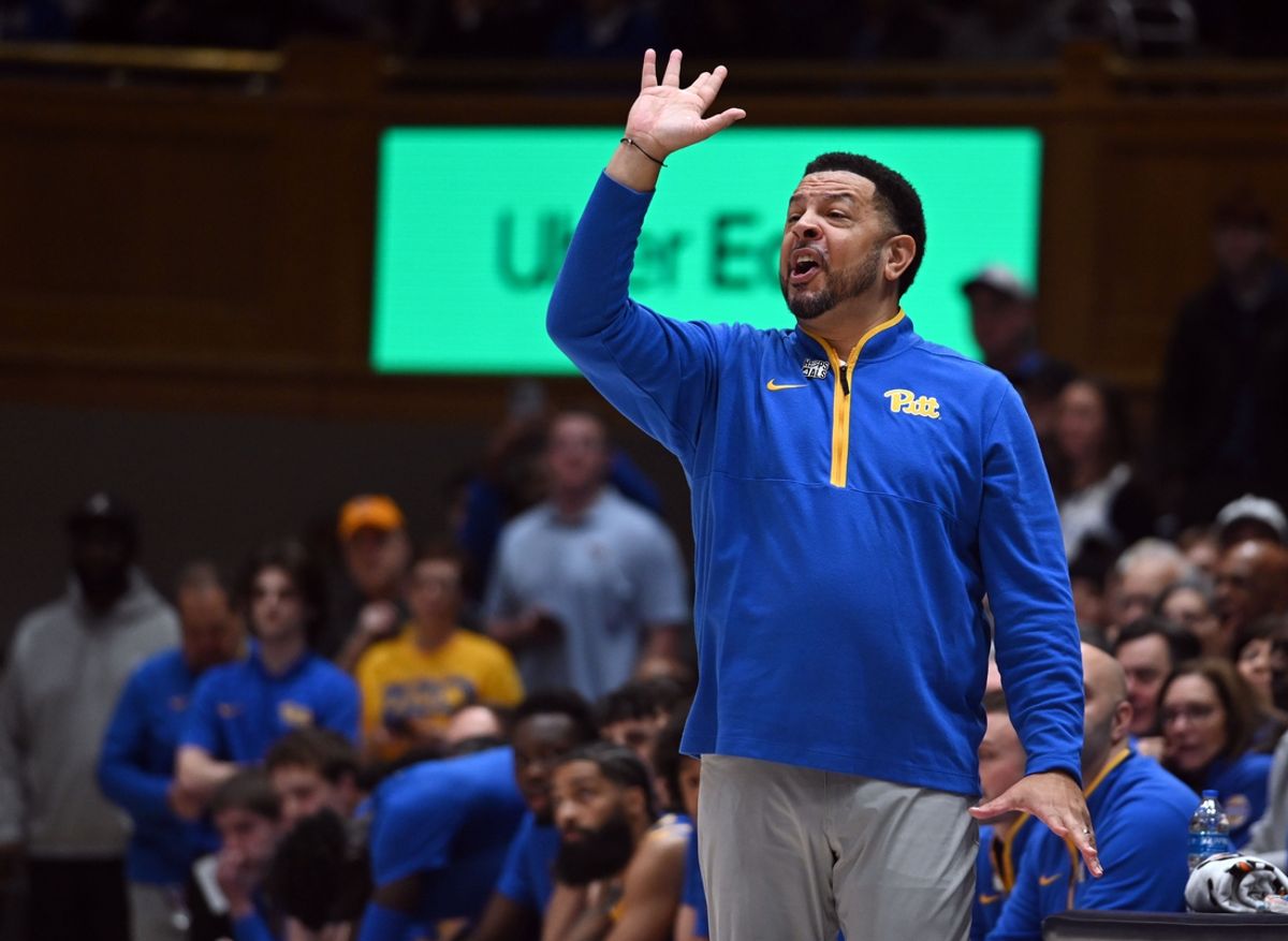 Jan 7, 2025; Durham, North Carolina, USA; Pittsburgh Panthers head coach Jeff Capel directs his team during the first half against the Duke Blue Devils at Cameron Indoor Stadium. Mandatory Credit: Rob Kinnan-Imagn Images