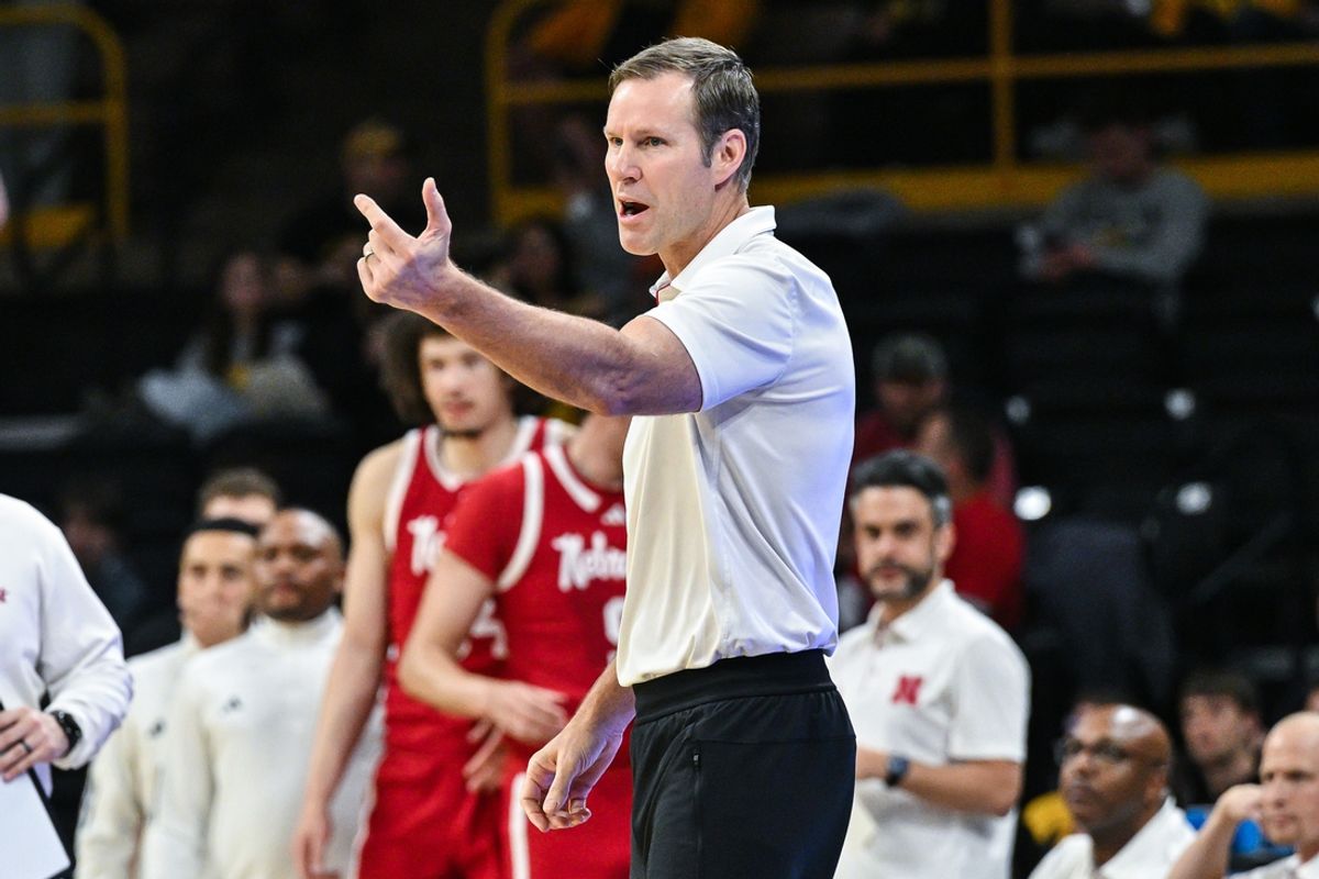 Jan 7, 2025; Iowa City, Iowa, USA; Nebraska Cornhuskers head coach Fred Hoiberg reacts during the first half against the Iowa Hawkeyes at Carver-Hawkeye Arena. Mandatory Credit: Jeffrey Becker-Imagn Images