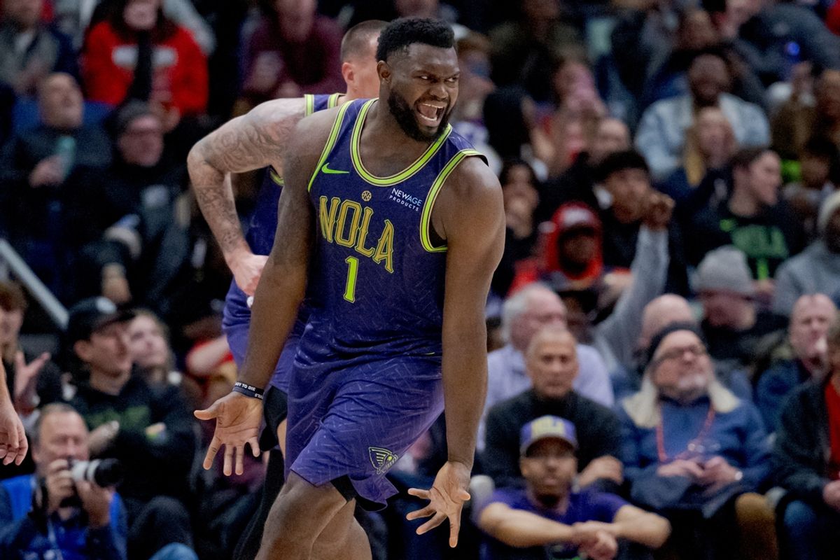 Jan 7, 2025; New Orleans, Louisiana, USA; New Orleans Pelicans forward Zion Williamson (1) reacts after a fouled was not called against the Minnesota Timberwolves during the second half at Smoothie King Center. Mandatory Credit: Matthew Hinton-Imagn Images