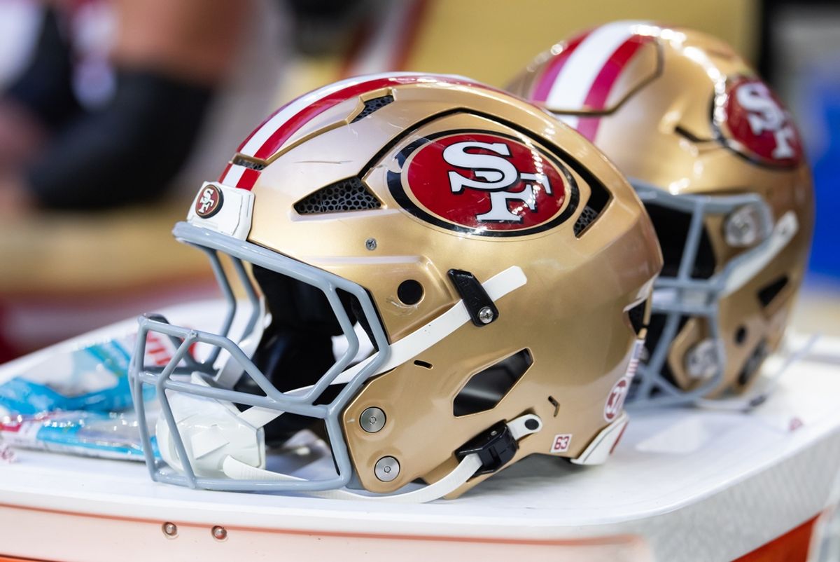 Jan 5, 2025; Glendale, Arizona, USA; Detailed view of a San Francisco 49ers helmet at State Farm Stadium. Mandatory Credit: Mark J. Rebilas-Imagn Images