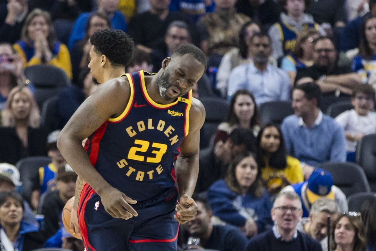 Jan 7, 2025; San Francisco, California, USA; Golden State Warriors forward Draymond Green (23) reacts after missing a shot against the Miami Heat during the second quarter at Chase Center. Mandatory Credit: John Hefti-Imagn Images