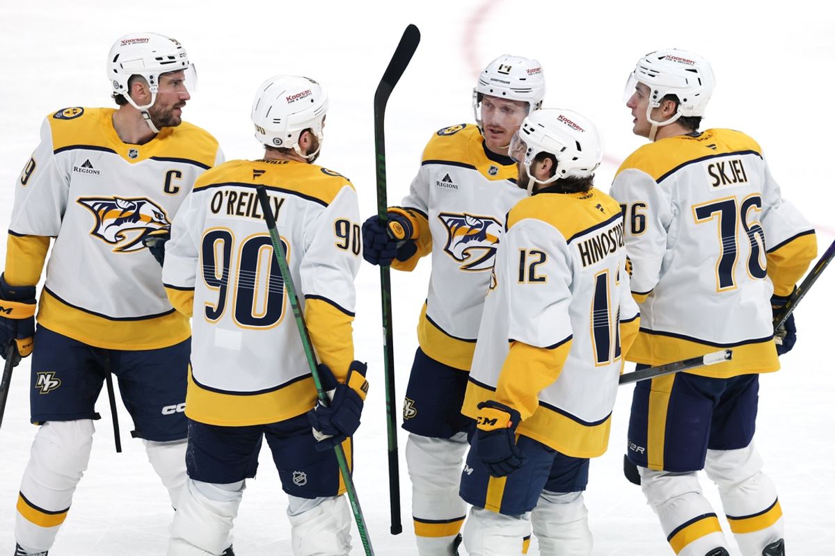 Jan 7, 2025; Winnipeg, Manitoba, CAN; Nashville Predators Captain defenseman Roman Josi (59) celebrates his third period goal against the Winnipeg Jets at Canada Life Centre. Mandatory Credit: James Carey Lauder-Imagn Images