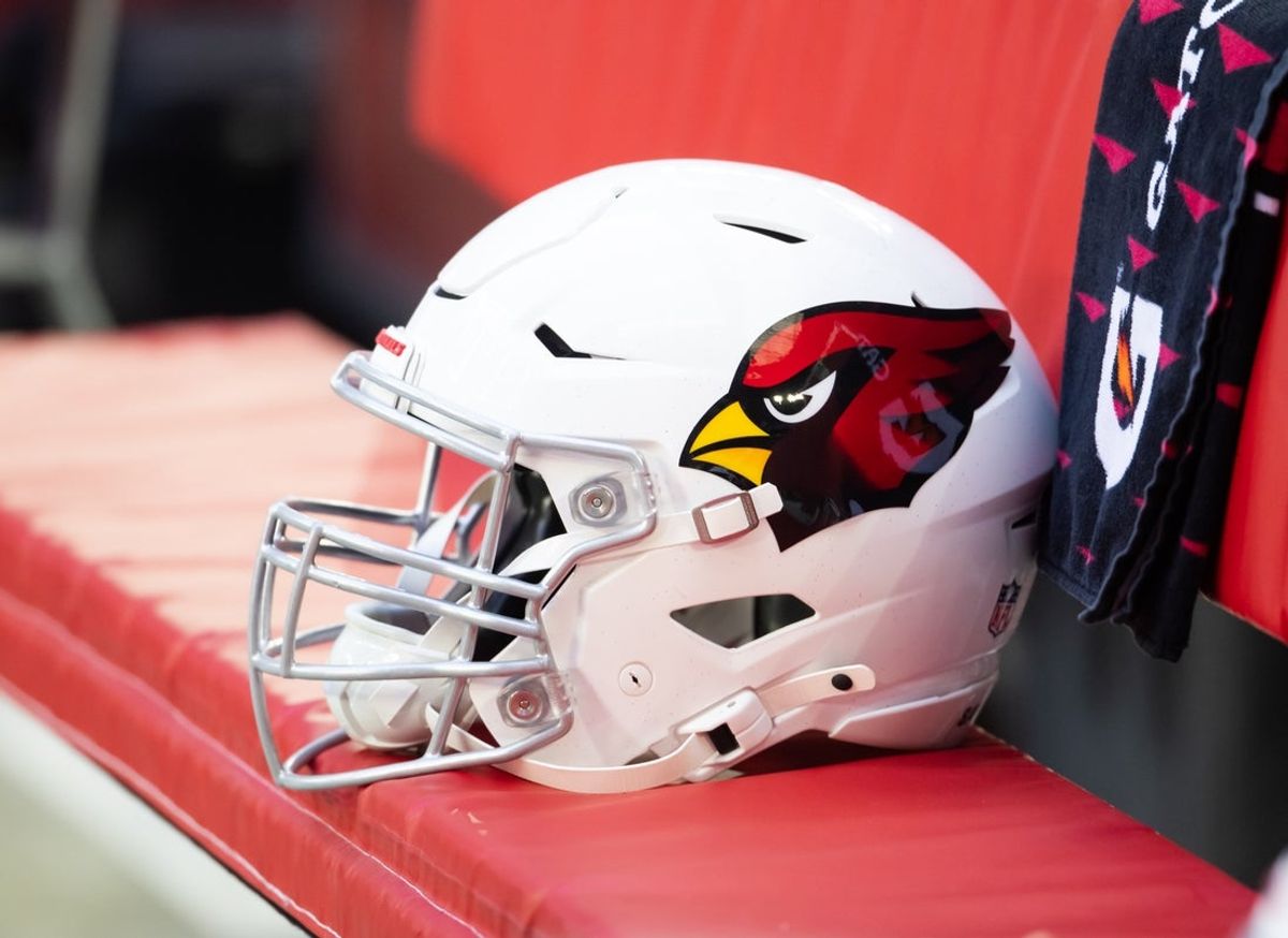 Jan 5, 2025; Glendale, Arizona, USA; Detailed view of an Arizona Cardinals helmet at State Farm Stadium. Mandatory Credit: Mark J. Rebilas-Imagn Images