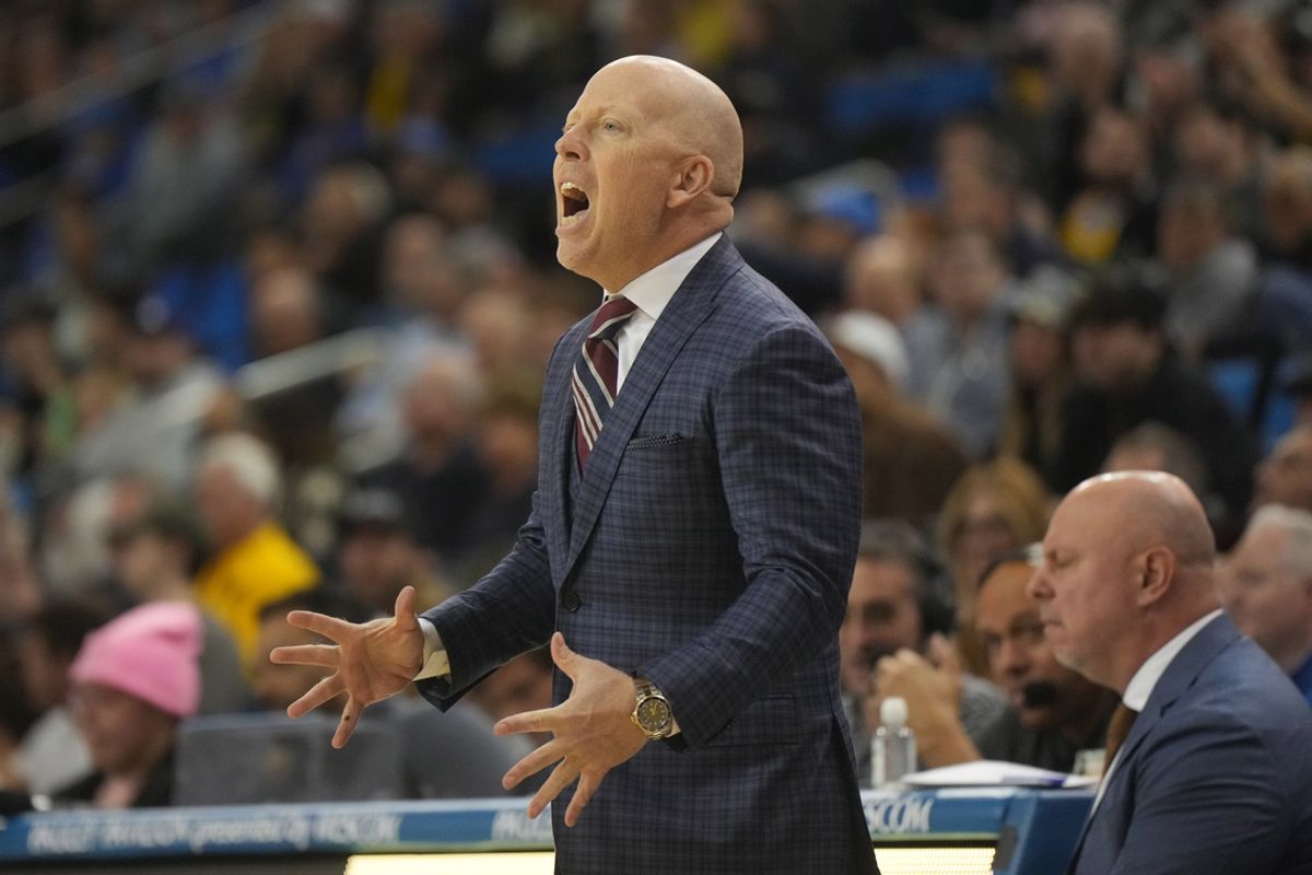Jan 7, 2025; Los Angeles, California, USA; UCLA Bruins head coach Mick Cronin reacts against the Michigan Wolverines in the first half at Pauley Pavilion presented by Wescom. Mandatory Credit: Kirby Lee-Imagn Images