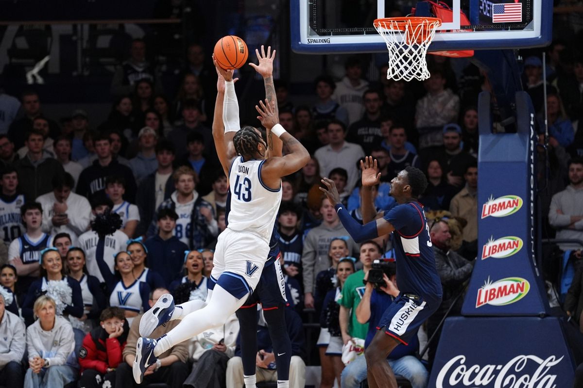 Jan 8, 2025; Villanova, Pennsylvania, USA; Villanova Wildcats forward Eric Dixon (43) drives to shoot against the Connecticut Huskies in the first half at William B. Finneran Pavilion. Mandatory Credit: Kyle Ross-Imagn Images