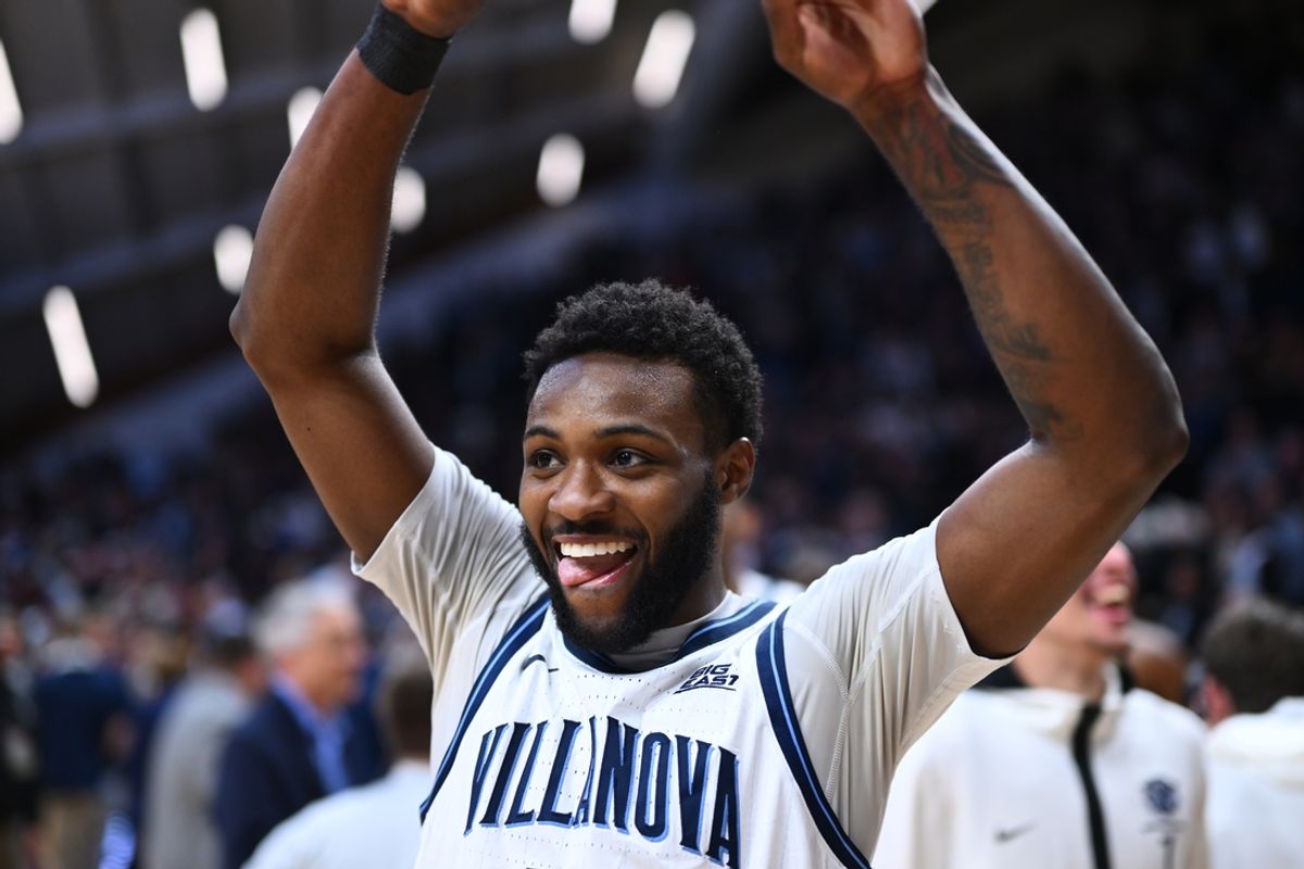 Jan 8, 2025; Villanova, Pennsylvania, USA; Villanova Wildcats guard Wooga Poplar (5) reacts after the game against the Connecticut Huskies at William B. Finneran Pavilion. Mandatory Credit: Kyle Ross-Imagn Images