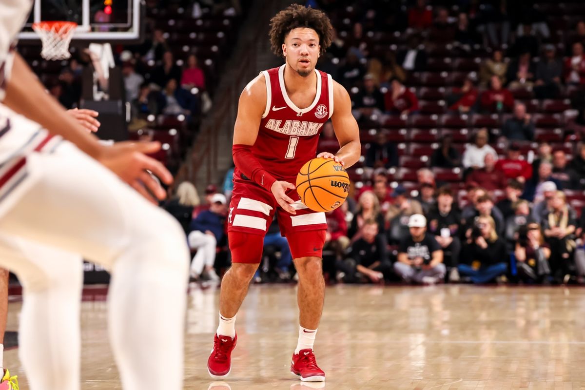 Jan 8, 2025; Columbia, South Carolina, USA; Alabama Crimson Tide guard Mark Sears (1) brings the ball up against the South Carolina Gamecocks in the second half at Colonial Life Arena. Mandatory Credit: Jeff Blake-Imagn Images